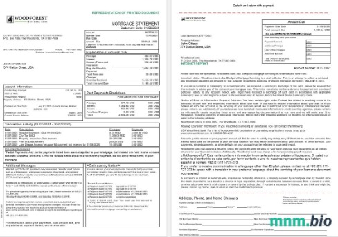 USA Woodforest Bank wyciąg z kredytu hipotecznego w formatach Word i PDF, 3 strony 1-2
